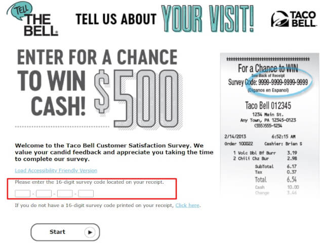 enter the recipt code and complete the tellthebell survey